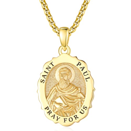 TANGPOET Saint Paul Medal Pendant Necklace for Men Women Gold Plated 925 Sterling Silver St Paul Catholic Christian Religious Jewelry Gifts for Confirmation Christmas