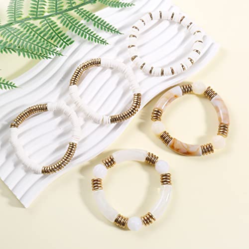 White Bamboo Tube Bangles Bracelet Chunky Curved Stacking Clear Acrylic Colorful Beads Stretchable Friendship Gold Bracelets Gifts For Bestfriends, Couple, Family Members, Siblings, Sister, Lover #TOP4
