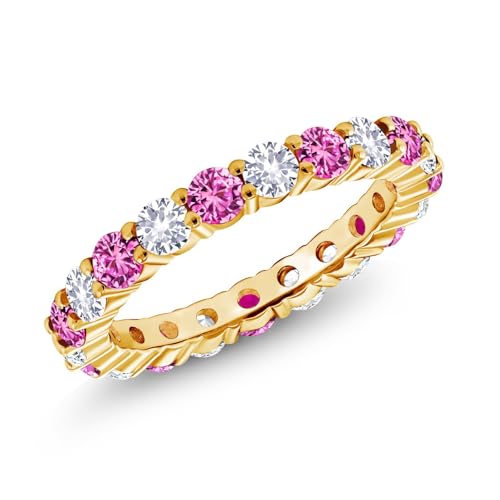 Gem Stone King 1.33 Cttw Round Pink Sapphire and White Created Sapphire 18K Yellow Gold Plated Silver Eternity Band Ring For Women | Round 3MM | Gemstone Birthstone | Available In Size 5, 6, 7, 8, 9