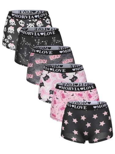 Morvia 6 Pack Gothic Halloween Print Boyshorts High Waist Variety Unterwäsche mit Gummiband Totenkopf Rose Sterne Muster, Mehrfarbig 3, Small