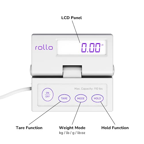 rollo shipping scale for packages - digital shipping postal scale 110 lb max - hold and tare functions - includes ac adapter and 2x aaa batteries