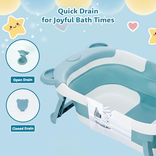 Image of Amazon Brand - Supples Baby Bath Tub for 0-3 Years | Double Foldable Bathtub for Baby & Kids with Soap Tray, Space Saving Design (White & Teal Blue)