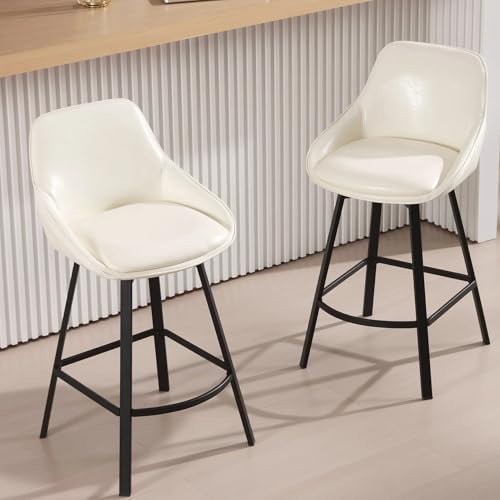 Image of Zesthouse Swivel Counter Height Stools Set of 2, Modern Upholstered Barstools with Backs, 26'' Faux Leather High Chairs for Island Kitchen, Counter Height Chairs with Metal Legs, White