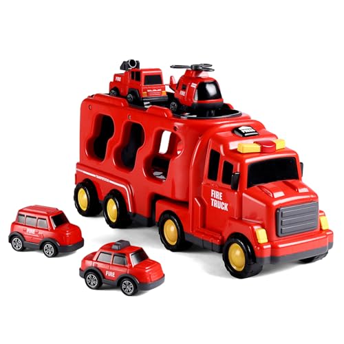 Image of Play Nation 5-in-1 Friction-Powered Truck Toy Set with Light&Sound-Educational Transport Carrier Vehicle for Kids 3 Years+,Emergency Rescue Toy for Girls&Boys,Birthday Gift (Fire,Red)