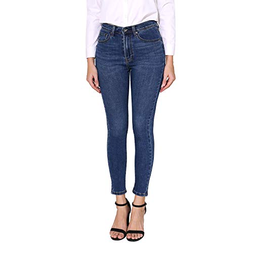 Jean skinny stretch pour hanches généreuses : le pantalon confortable taille haute bleu en 48