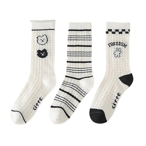 Boys Keen High Socks Ribbed Cuffs Crew Socks Over The Calf Stripes Cartoon Black White Cute Girls Socks 3 Pairs