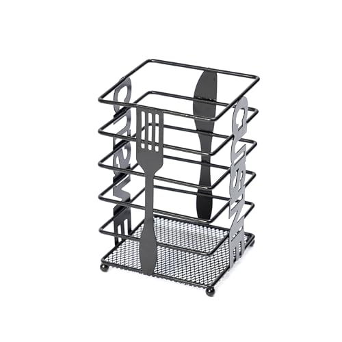 Image of DULI Multi Utility Iron Cutlery & Bathroom Stand with Cuisine Design | Black Coated Metal Organizer for Kitchen Utensils, Spoons, Forks & Bathroom Accessories (10 x 10 x 15 cm) (Cuisine Stand)