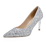 Modatope Women's Slip On Silver Heeled Pointy Toe Stilettos 3 in High Heels Pumps Sparkling Glitter Wedding Bridal Dress Shoes Size 7