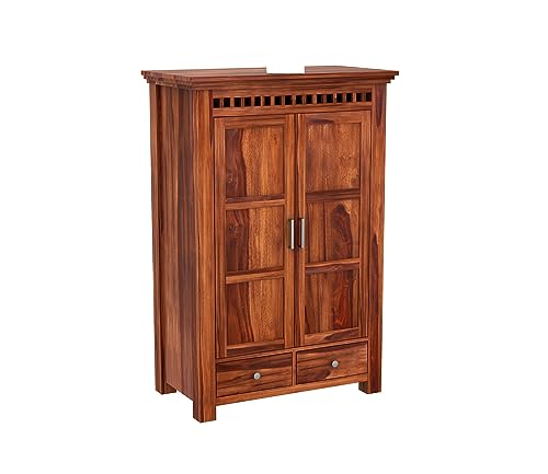 Image of Sheesham Wood Wooden 2 Door Wardrobe Organizer for Clothes | - Solid Wood Almirah with 2 Drawers, 2 Shelves - with Hanging Space Cupboard for Large Bedroom (Design 15)