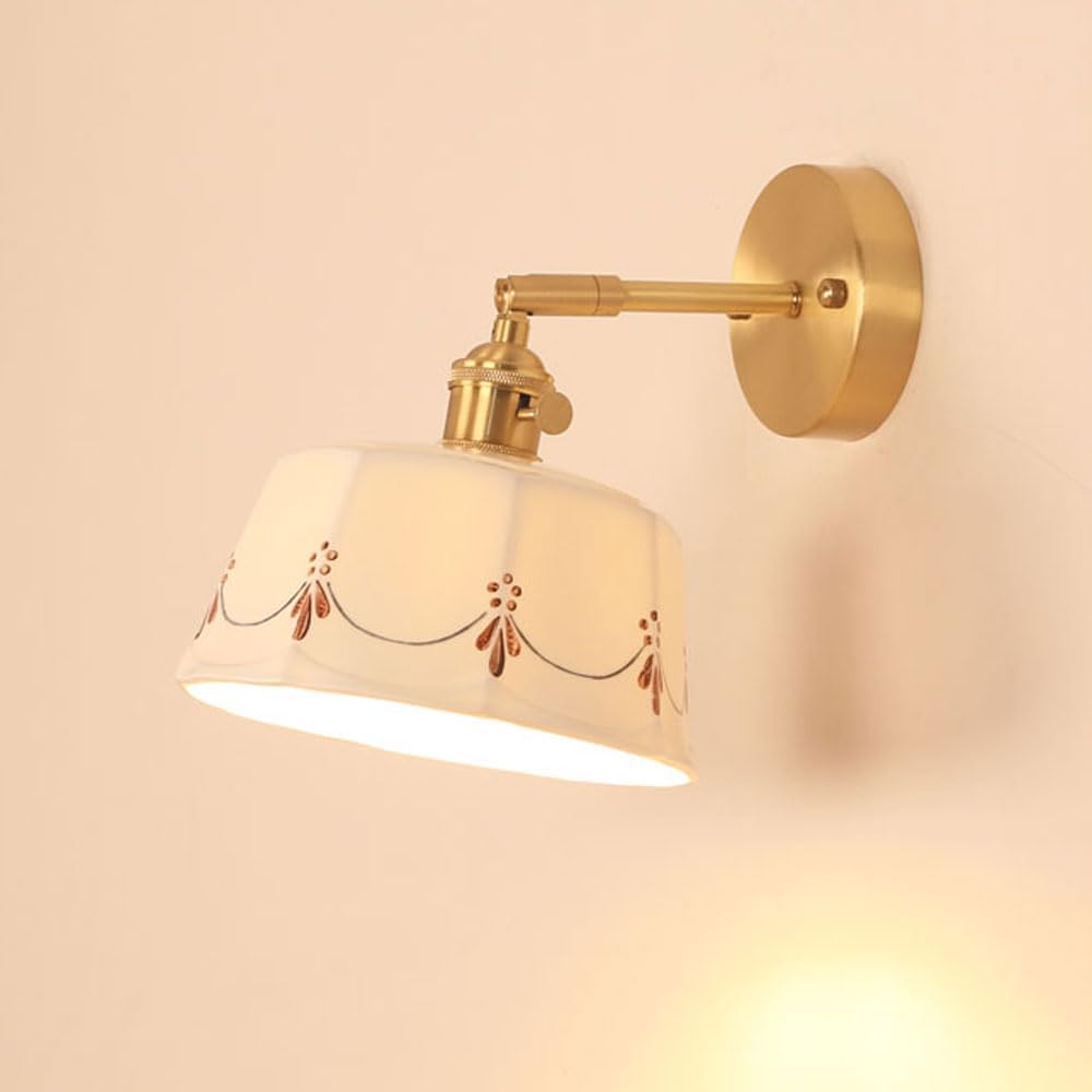 Nordic Wall Lights Gold Retro White Ceramic Wall Light with Switch Brass Finish Bedroom Living Room Wall Mounted Lamp Dining Room Corridor Wall Sconce Light Fixture for Bedside Corridor Loft