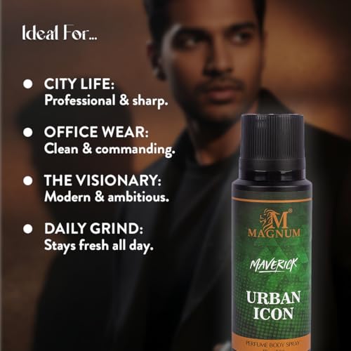Image of Magnum Maverick Urban Icon Men's Body Spray - Fresh Neroli & Sharp Black Pepper with Dark Smoky Leather | Edgy Masculine Fragrance for Style-Conscious Men | Long-Lasting | 150ml