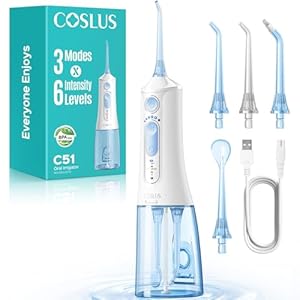 COSLUS Portable Water Flosser for Teeth: 3 Modes & 6 Pressure Settings with Jet Mode Water Dental Pick for Orthodontic, Braces, Sensitive Gums, Compact for Travel, 300ML for Multiple Users, White C51