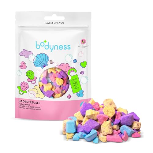 BODYNESS Sales de Baño Sugar Rush - sales de baño de 300g con 4 capas de color - con sabor a algodón de azúcar y manteca de cacao - morado, azul, amarillo y rosa