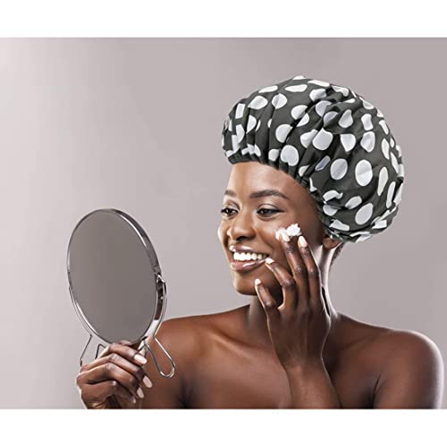Shower Cap, Terry Cloth Lined Shower Cap For Women Large Double Layer Shower Cap With Microfiber Dry Hair Function Resuable Waterproof Breathable Bath Cap Black And White Dots Design Shower Caps For #TOP1