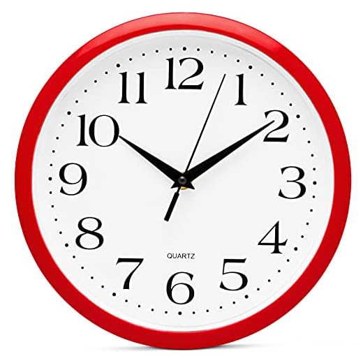Bernhard Products Red Wall Clock Silent Non Ticking - 10 Inch Quality Quartz Battery Operated Round Easy to Read Home/Kitchen/Office/Classroom/School Clocks, Vintage Retro Red Frame Black Numbers