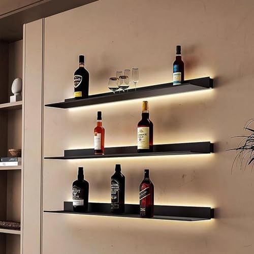 Estantería metálica de pared con luz LED, estantes flotantes, botellero y estante de almacenamiento para sala de estar, solución de organización del hogar elegante y funcional (Tamaño: 80 cm)