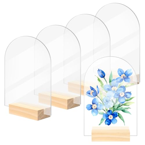 Image of Bercoor 5 Pack 4x6 Inch Blank Clear Arch Acrylic Sign with Wooden Stands, Arched Round Top Acrylic Sheet, DIY Acrylic Arch Table Numbers for DIY Name Card Gifts Event Party Sign Decoration