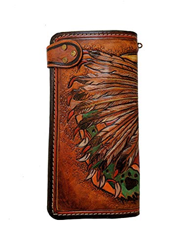 Men's 3D Genuine Leather Wallet, Long Wallet, Biker Wallet, Hand-Carved, Hand-Painted, Leather Carving, Custom Wallet, Personalized Wallet, Indian Wallet, Red Man, Native American Wallet #TOP2
