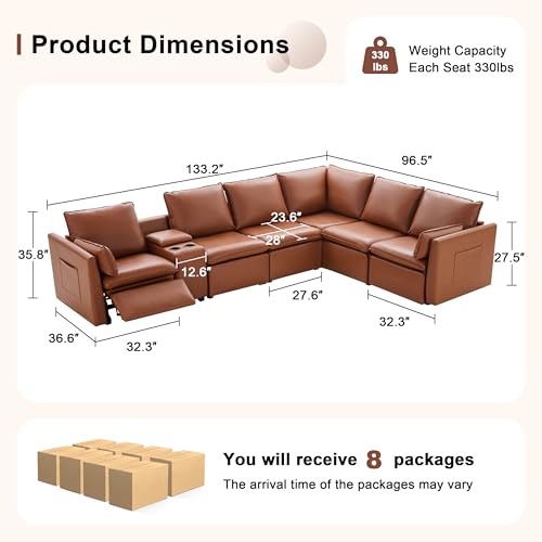 Image of 6-Seater Power Reclining Sectional Sofa Set with Storage Console, Wall-Hugger Recliner Sectional Couch with Cup Holders, Leather Reclining Sectional Couch for Living Room, Brown