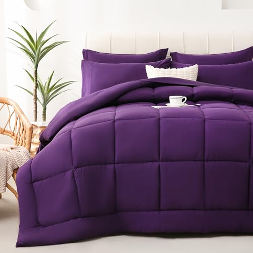DOWNCOOL Queen Comforter Set, 7Pcs Bedding Sets Queen Dark Purple, All Season Down Alternative Bed in a Bag Queen with Comforter, Flat Sheet, Fitted Sheet, 2 Pillow Shams & 2 Pillowcases