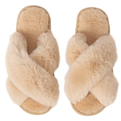 Image of Women's Cross Band Fuzzy Slippers Fluffy Open Toe House Slippers