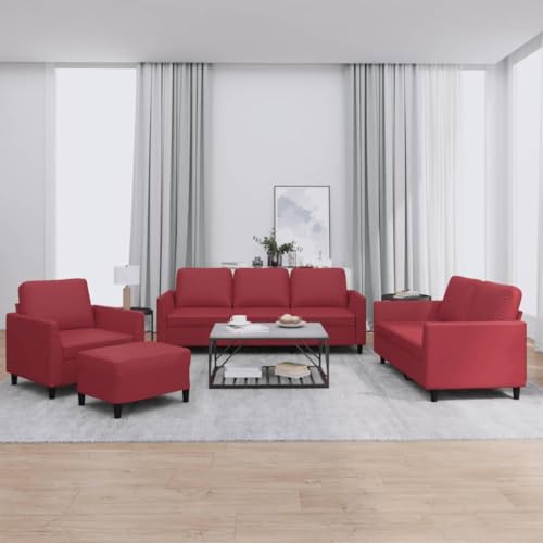 vidaXL Sofagarnitur 4-TLG., Sessel Couch mit Kissen Fußhocker, Sofa Wohnzimmersofa mit Armlehnen, Couchgarnitur Designsofa Sitzmöbel Polstermöbel, Weinrot Kunstleder – Bild 3