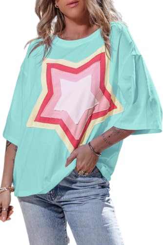 Women's Casual T-Shirt Short Sleeve Crewneck Basic Tee Tops 2025 Trendy Star Graphic Loose Fit Oversized Pullover Blouse Tops