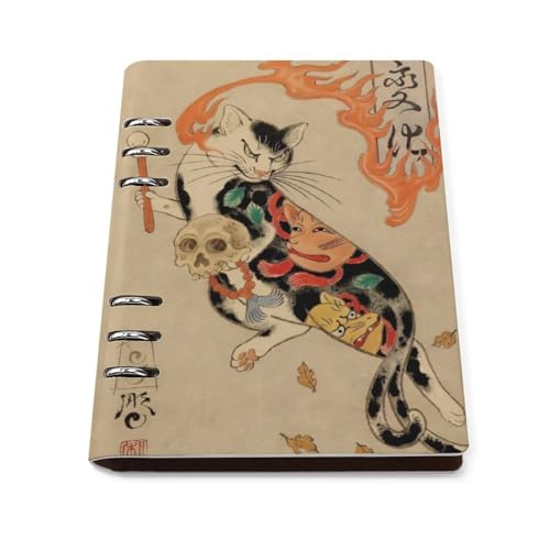A5 ノート リフィル対応 和風 浮世絵 猫柄 PUレザー 手帳型 ビジネスノート 6穴 バインダー 書きやすい リングノート 多機能 メモ帳 学生 社会人 仕事用 おしゃれ