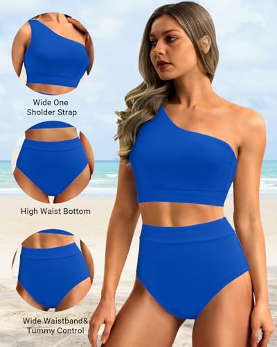 Image of Holipick Women One Shoulder High Waisted Bikini Set Two Piece Tummy Control Swimsuits Full Coverage Bathing Suit