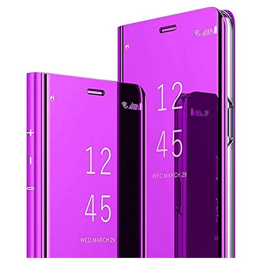 Hwsmyssy Skal Kompatibel Samsung Galaxy S7 Spegel Fodral Stå Flip Telefonfodral Snygg Lyxig Smal Flip Bok Stil Spegel Stötsäker Och Reptålig Plätering Case Lila Härdat Glas Film2