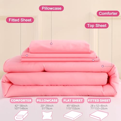 Image of Toddler Bedding Set for Girls, 4 Piece Double Ruffles Soft and Breathable Toddler Bed Sheets with Boho Toddler Comforter, Fitted Sheet, Flat Sheet and Pillowcase, Pink