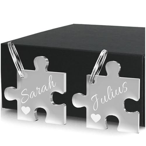 CHRISCK design 2 Partner Schlüsselanhänger Puzzle mit persönlichen Gravur Spruch oder Namen aus Acrylglas - Geschenkidee zum Jahrestag für Paare oder Geschenk Valentinstag für Freund & Freundin