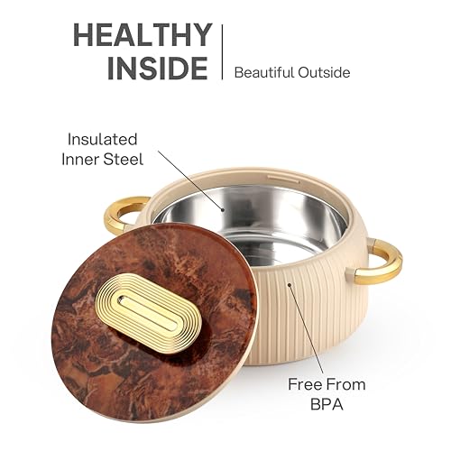 Image of CELLO Castella Insulated Steel Casserole Set of 3 Pcs (1000ml, 1000ml, 1500ml) Gold Beige | Airtight Lid Hot Pot Case Keeps Food Hot & Warm for Long Hours, Casserole Set for Roti Chapati Rice Biryani
