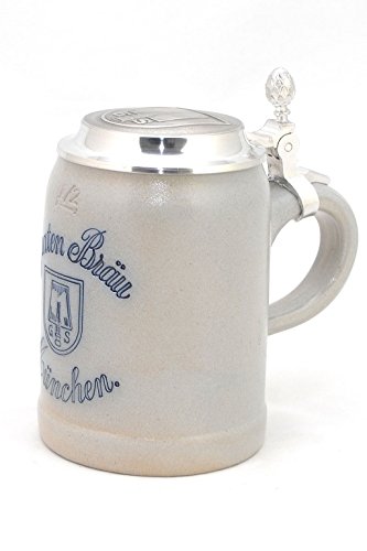 Bavariashop Bierkrug Spaten-Bräu Steinkrug mit Zinndeckel salzglasiert, 0,5 Liter Fassungsvermögen, Steinzeug, Geschenkidee aus Bayern