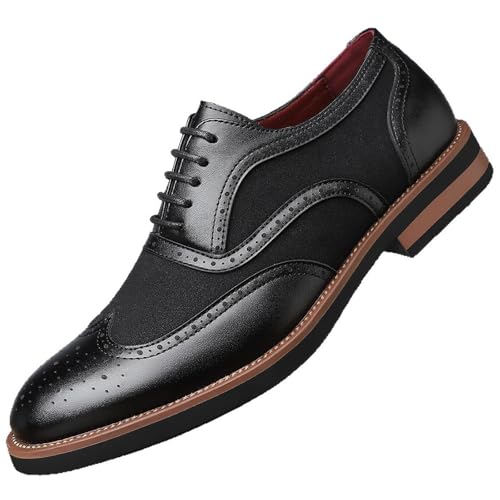 Men's Leather Wingtip Brogue Low Chunky Heel Oxfords Classic Round Head Lace Up Breathable Casual Dress Shoes for Business Formal Party Wedding