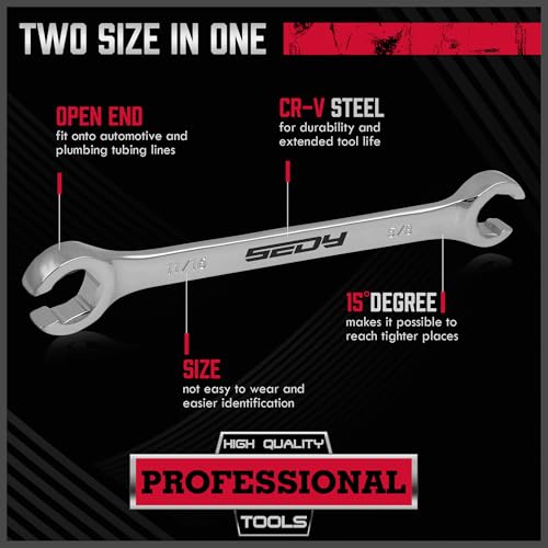 Image of 4-Piece Flare Nut Wrench Set - SAE Brake Line Wrench 1 /4, 5 /16, 3 /8, 7 /16, 1 /2, 9 /16, 5 /8, 11 /16-inch, Professional Offset Heads, Portable Organizer Pouch Included