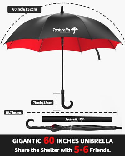 Image of ISABRELLA Umbrella for Men Big Size, Large Golf Umbrella with Fiberglass Shaft, Anti-slip handle, One-Click Auto Open, 60 Inch Big Umbrella for Men, Women, Family - Ideal for 3-4 People