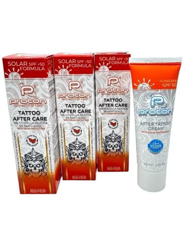 INKgrafiX Crema de tatuaje Proton con protección solar UV/protección solar SPF50, 3 x 40 ml, vegana, crema para tatuajes para cuidado profesional, 10% Centella, 5% pantenol