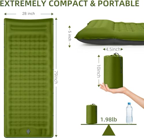 Image of FNARMW Camping Sleeping Pad, Extra Thick 5 Inch Camping Mat with Pillow Built-in Foot Pump Inflatable Sleeping Pads Compact for Camping Backpacking Hiking Traveling Tent(Military Yellow)