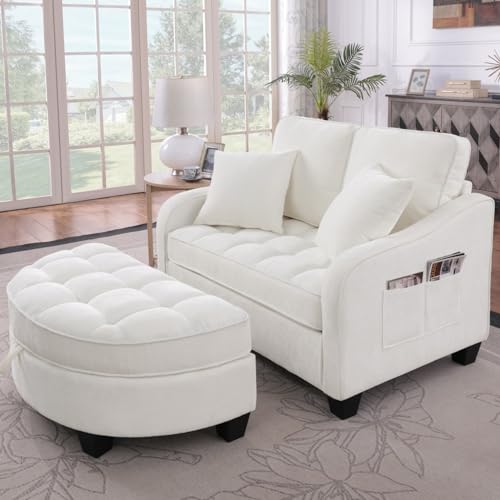 EURHCIO Petit Canapé Salon avec Pouf de Rangement,Canapé Lit 1 Place Convertible avec 2 Coussins,Tissu de Lin,pour Salon,Bureau et Chambre (Beige)