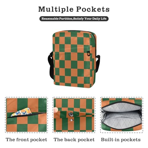 messenger bags for women shoulder bag men Shoulder Hand Bags Adjustable Strap for outdoor sports outdoor sports- Orange and Green Checkerboard Pattern2