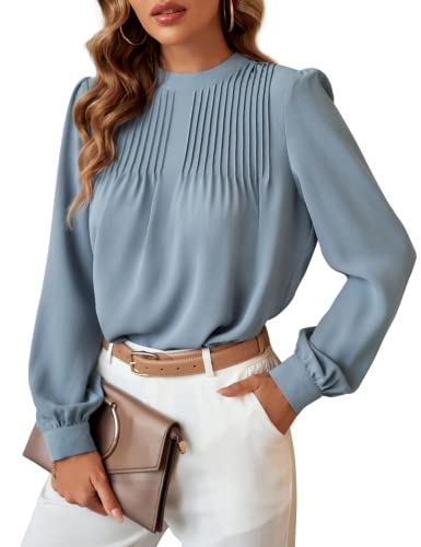Women High Neck Blouses Lantern Long Sleeve Business Shirt Solid Chiffon Top Blue Medium #TOP29