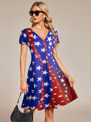 Image of LUKYCILD American Flag Dress Women 4th of July Patriotic Shirt USA Stars Stripes Dresses Sexy V- Neck Summer Sundress