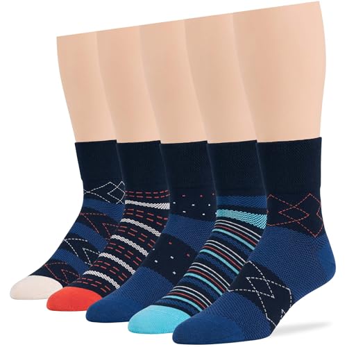 7BIGSTARS KINGDOM Men Diabetic Non-Binding Cotton Quarter Socks - 5 Pack Big Tall - Geometric, Stripe, Dot Pattern - Sock Size 13-15 Shoe Size 12-15 XL Navy Blue, Denim Blue, Orange