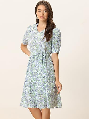 Image of Allegra K Women's Vintage Peter Pan Collar High Waist Flowy Midi Puff Sleeve Floral Dress