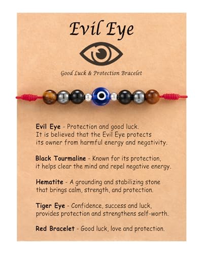 Tarsus Evil Eye Bracelets, Adjustable Red Bracelet for Women Men, Lucky Protection Gift - Black Tourmaline, Hematite, Tiger Eye Beads
