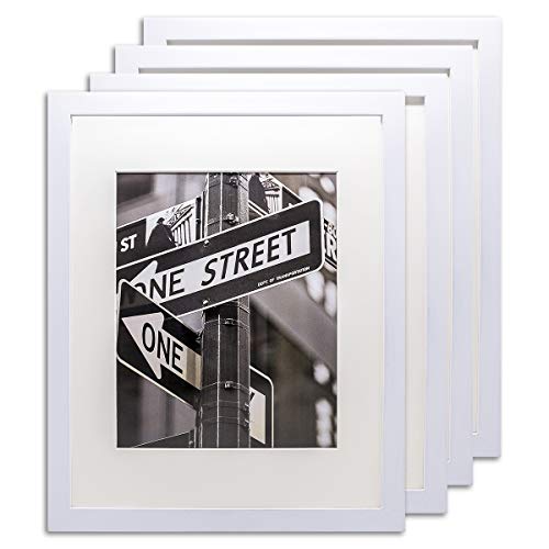 The Display Guys â€“â€“ Solid Pine Wood Picture Frame with Tempered Glass and Mat â€“ Wall Mounting â€“ 11" x 14" - White - 4 Pack