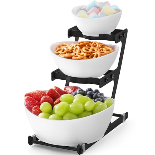 Lifewit Soporte de 3 Niveles con Cuencos de Plástico para Servir, Cuencos para Salsas con Estante de Metal Negro, Accesorios para Fiestas, Cuencos Reutilizables para Servir, 31 x 27cm, Negro