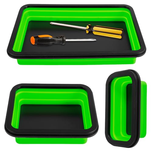 3Pcs Collapsible Magnetic Parts Tray Set 3 Different Size Magnetic Tool Tray Silicone Foldable Tool Holder for Screw, Bolts, Nuts, Washers, Pins and Other Small Metal Parts(Green)