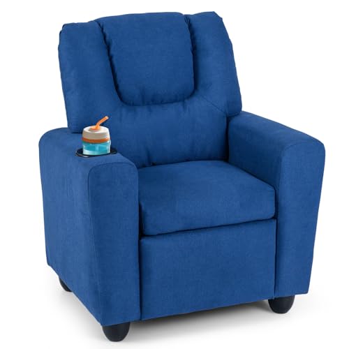 Image of GLACER Kids Recliner with Cup Holder, Fabric Toddler Lounge Chair (Blue) | Baby Recliner w /Adjustable Backrest & Footrest, Spring Seat Cushion, Push Back Toddler Sofa for Ages 3+, Supports 150 lbs